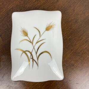 Vintage Lefton China Gold Trim Trinket Box with 2 Tray Dishes Wheat Pattern